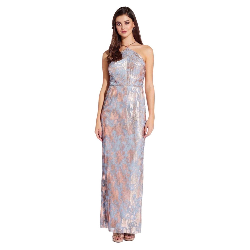Adrianna Papell Pleated Foil Dress Blue Slate Multi Full Length Maxi Size 12